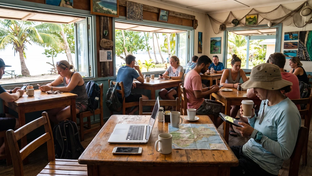 Visitor using free Wi-Fi at a local cafe on Norfolk Island