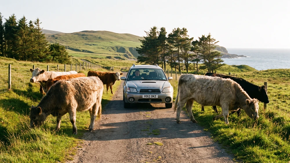 Cows with right of way crossing a road on Norfolk Island