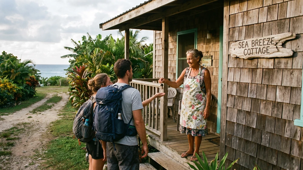Property owner handing over rental car keys to guests on Norfolk Island