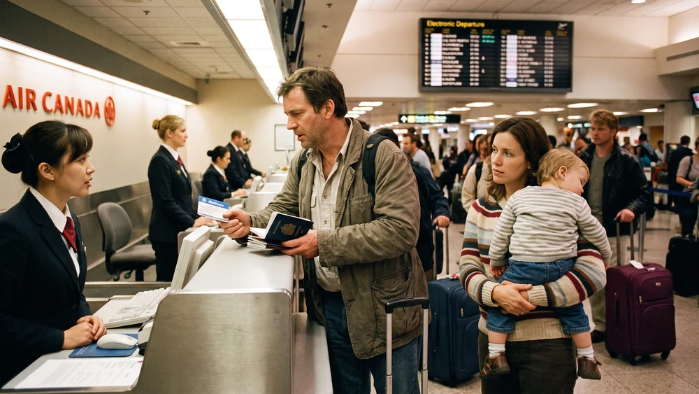 Family checking in with ID documents for a Norfolk Island flight