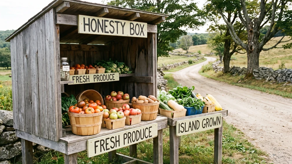 Roadside farm-gate honesty box stall on Norfolk Island