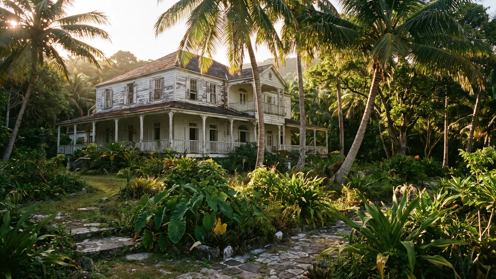Oceania House, a heritage-listed colonial mansion surrounded by palm trees
