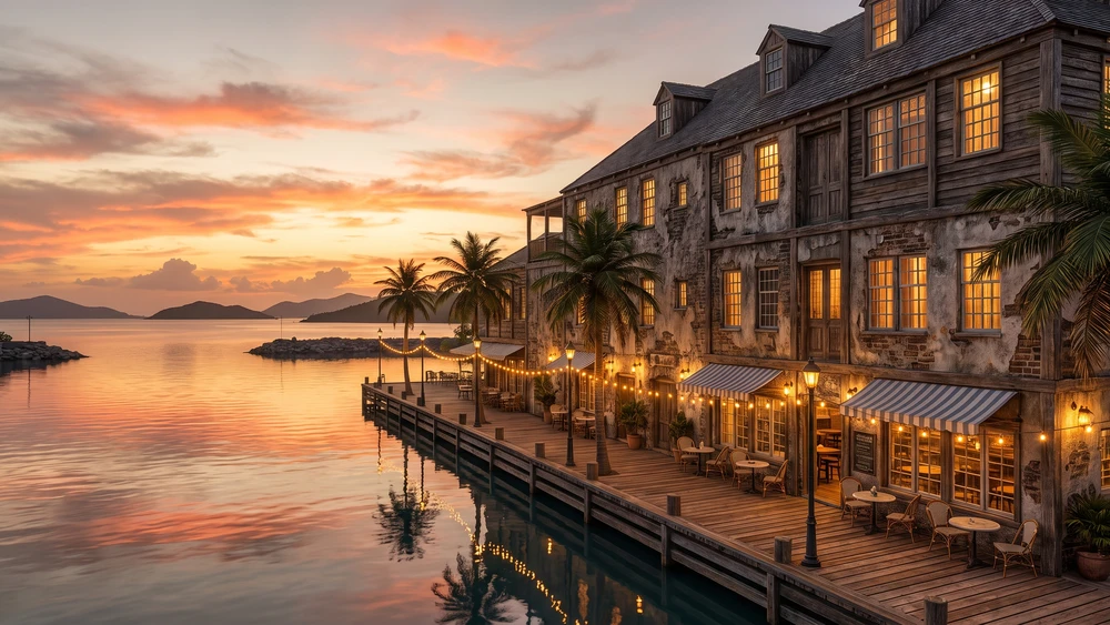 Oranjestad's boardwalk at sunset on a Friday evening in Sint Eustatius