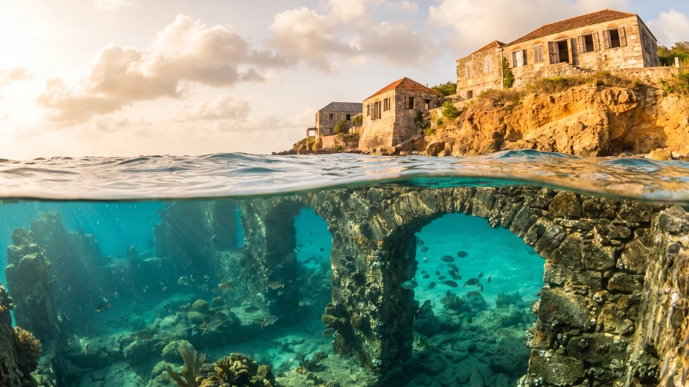 Submerged 18th-century warehouse ruins in Oranjestad's Lower Town, Sint Eustatius