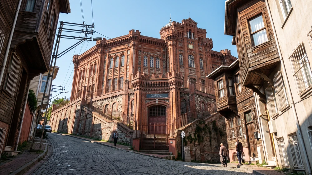Phanar Greek Orthodox College in Fener, Istanbul, with its monumental red-brick facade and domed central tower.