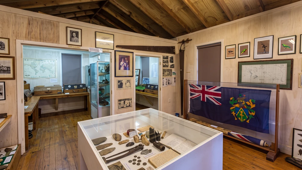 Interior of the Pitcairn Islands Museum with the Bounty Bible and artifacts on display