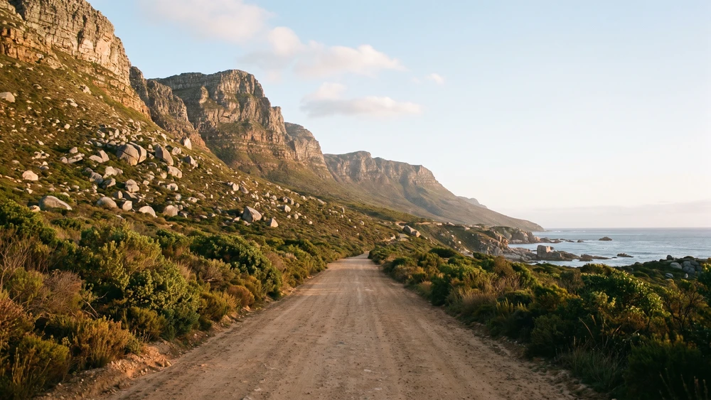 Porter Road dirt track bordered by boulder-strewn fynbos slopes near Rooiels