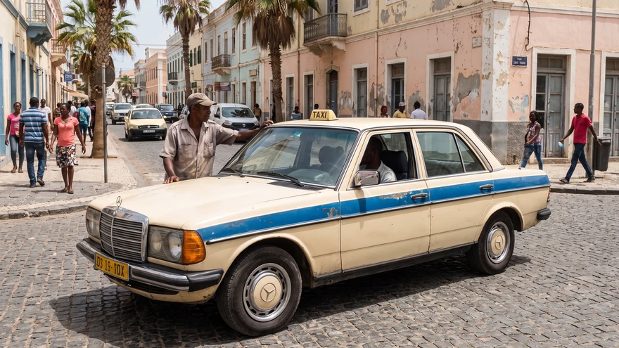 Cream-colored taxi with a blue stripe waiting on a city street in Praia