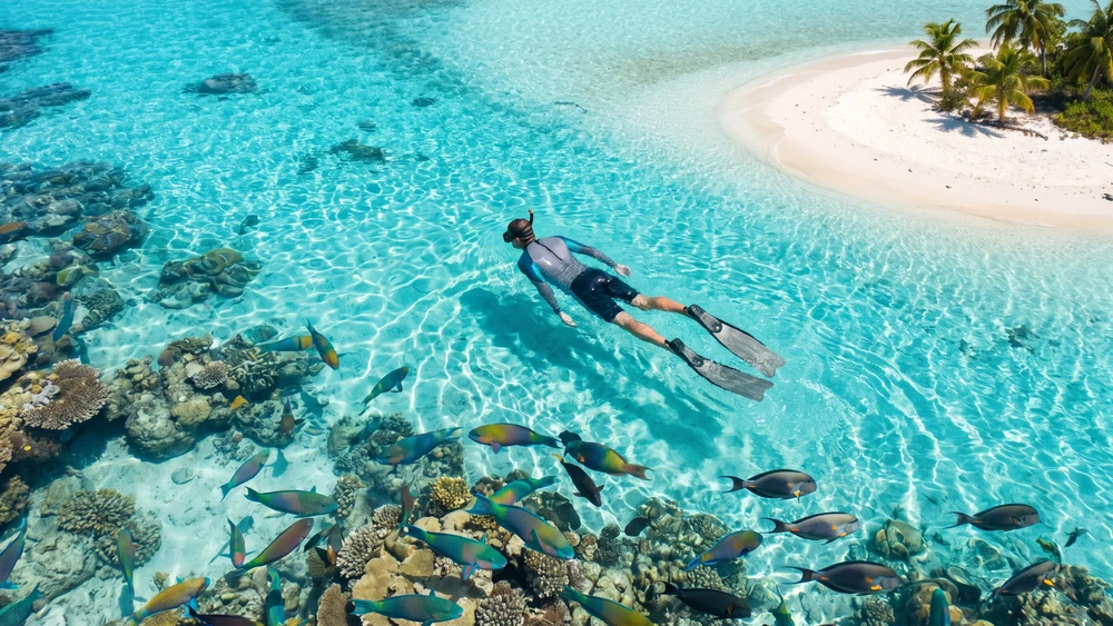 Snorkeler drifting through the shallow channel near Pulu Maraya islet