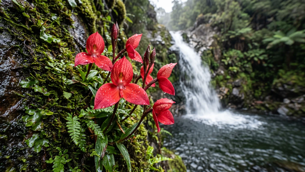 Red Disa orchids blooming on a mossy cliff face at Leopard's Kloof waterfall