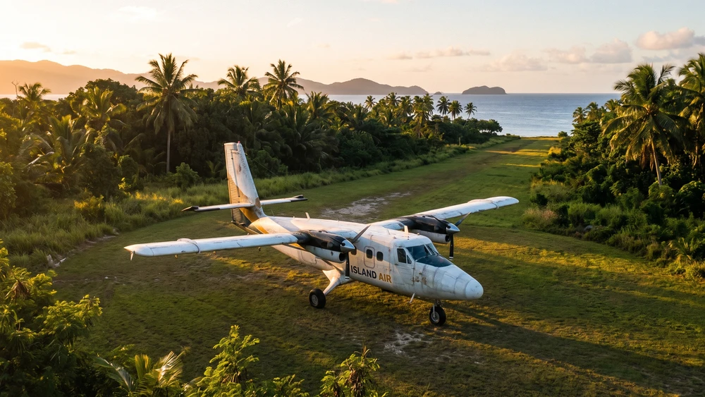 Regional QantasLink aircraft parked on the airstrip of a remote Indian Ocean island