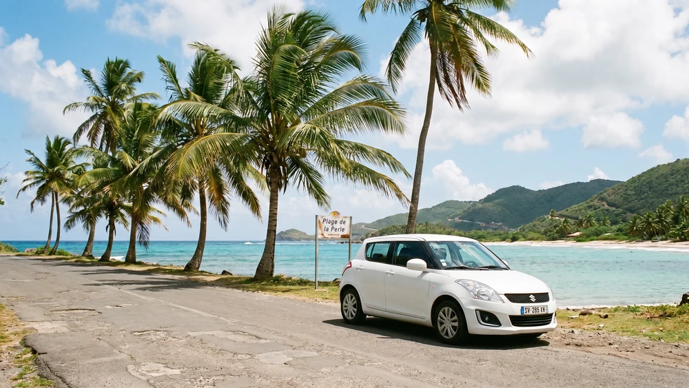 Rental car parked along a flat coastal road on West Island