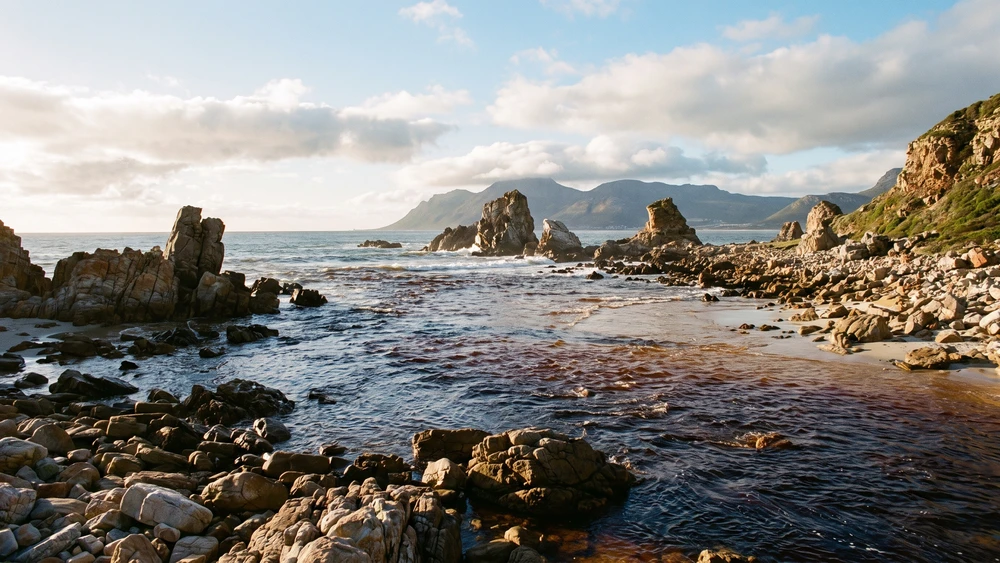 Rooiels beach and river estuary meeting the ocean amid dramatic rock formations