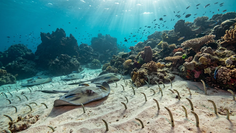 Roughtail stingrays at the Customs House dive site cleaning station in Saba