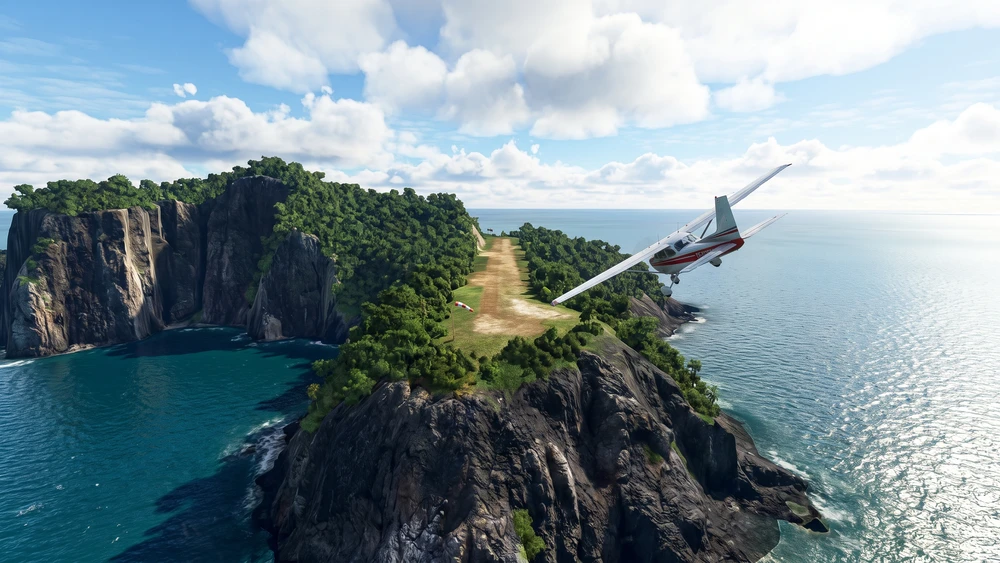 Small plane approaching Saba's Juancho E. Yrausquin Airport, flanked by cliffs and ocean