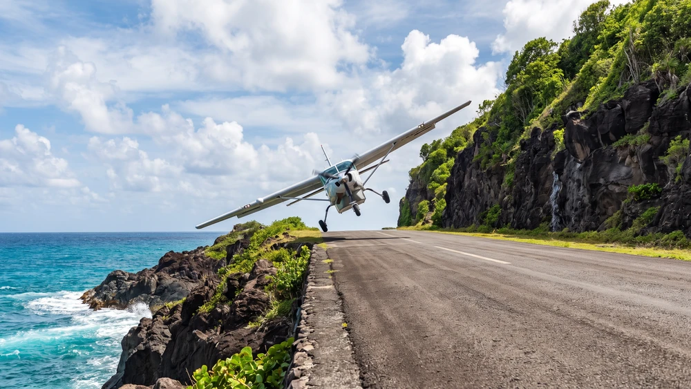 Small Winair plane landing on Saba's famously short airport runway