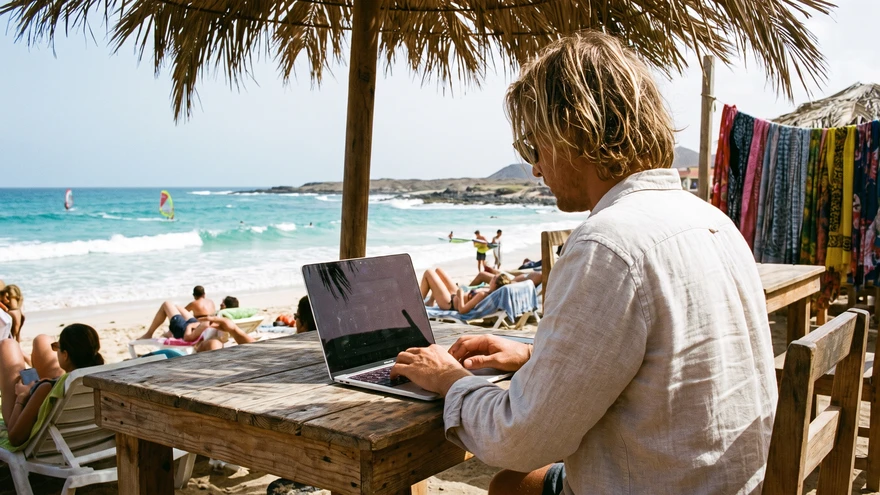 Person working on a laptop at a beachside cafe table in Sal, Cape Verde