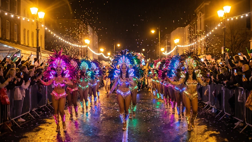 Synchronized samba dancers in glowing costumes performing at the Samba Tropical night parade