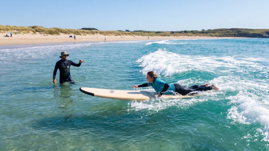 Beginner surfer with instructor paddling into a gentle wave at Santa Maria bay, Sal