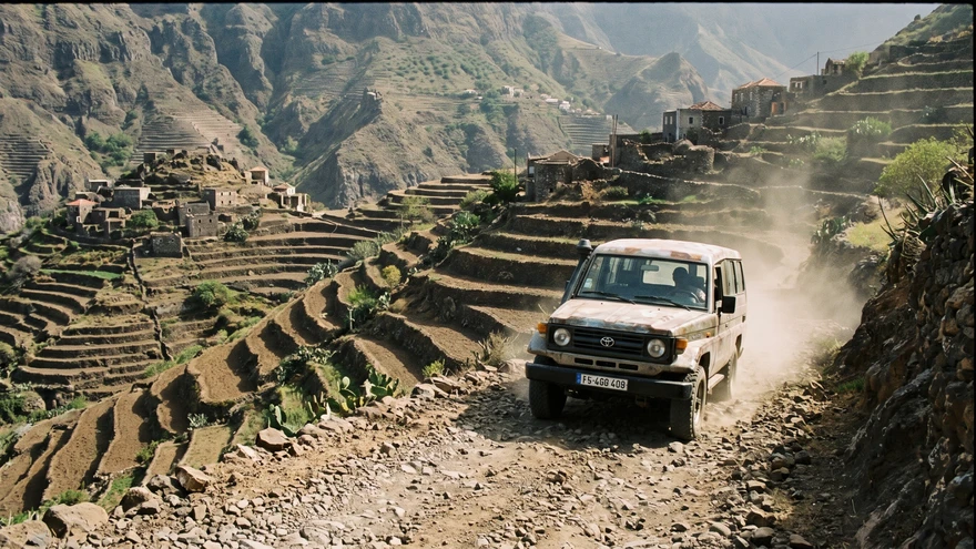 A 4x4 vehicle driving a rough mountain road through the terraced valleys of Santo Antao, Cape Verde