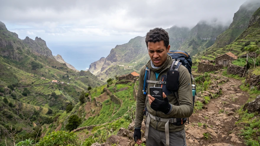 Hiker checking a phone with no signal on a mountain trail in Santo Antao, Cape Verde