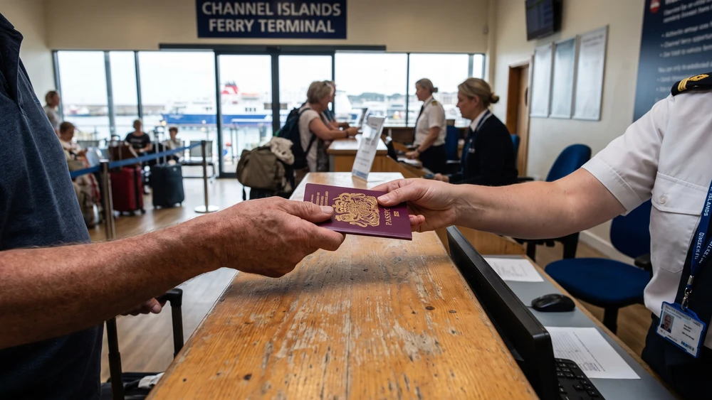 Passenger presenting a passport at ferry check-in for Sark travel