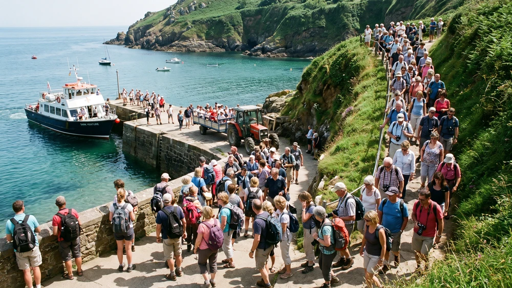 Day-trippers disembarking the ferry and queuing at Maseline Harbour on Sark
