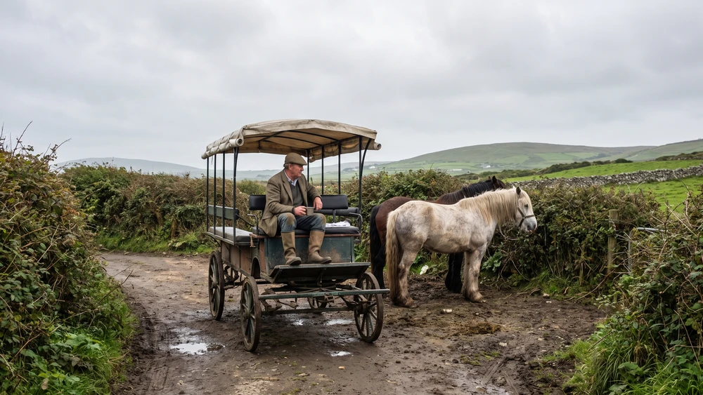 Horse-drawn carriage waiting at La Collinette carriage park on Sark