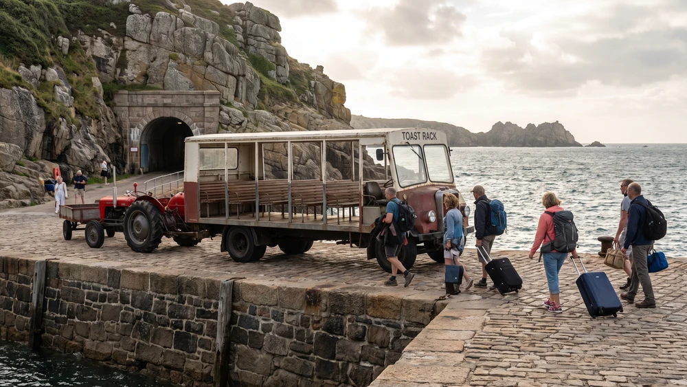 Tractor-drawn Toast Rack bus waiting at Maseline Harbour on Sark