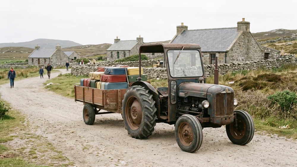 A tractor hauling labelled guest luggage along a Sark lane