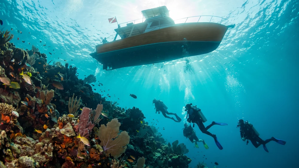Scuba divers descending from a dive boat along a coral reef wall