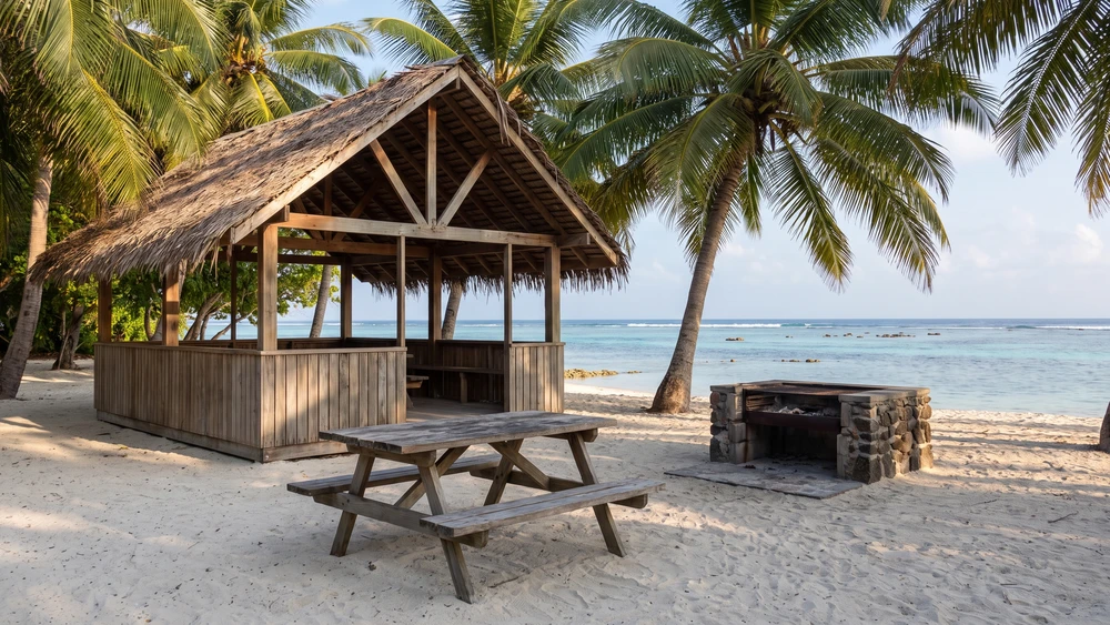 A shaded wooden pondok shelter and BBQ area on Direction Island's beach