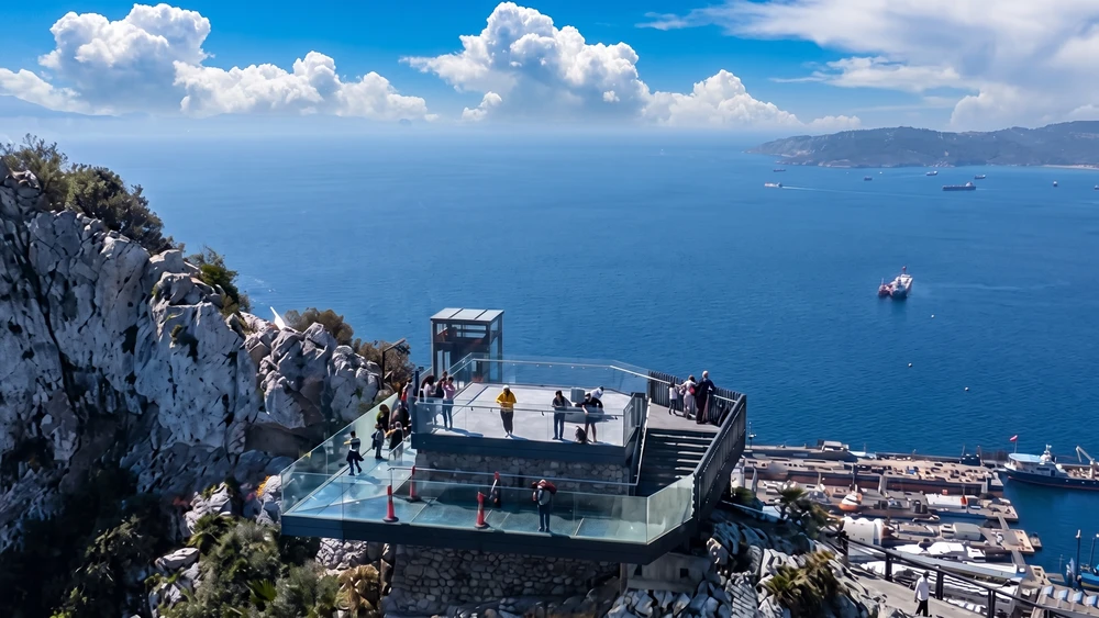 The view from the Skywalk Gibraltar platform looking out across the Strait toward the coastline