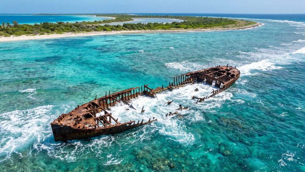 Aerial view of the rusted SMS Emden shipwreck remains on the reef of North Keeling Island