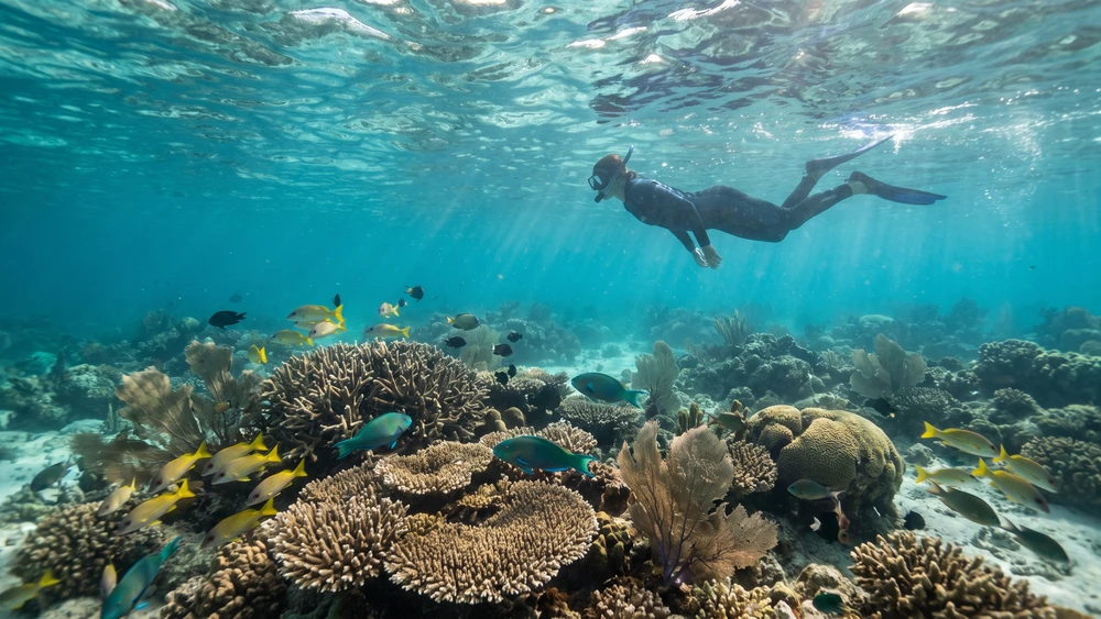 Snorkeler swimming above coral reef in the strong current channel known as the Rip near Direction Island