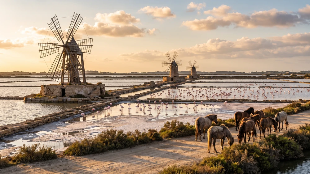 Pink flamingos and wild horses at the historic salinas in South Caicos