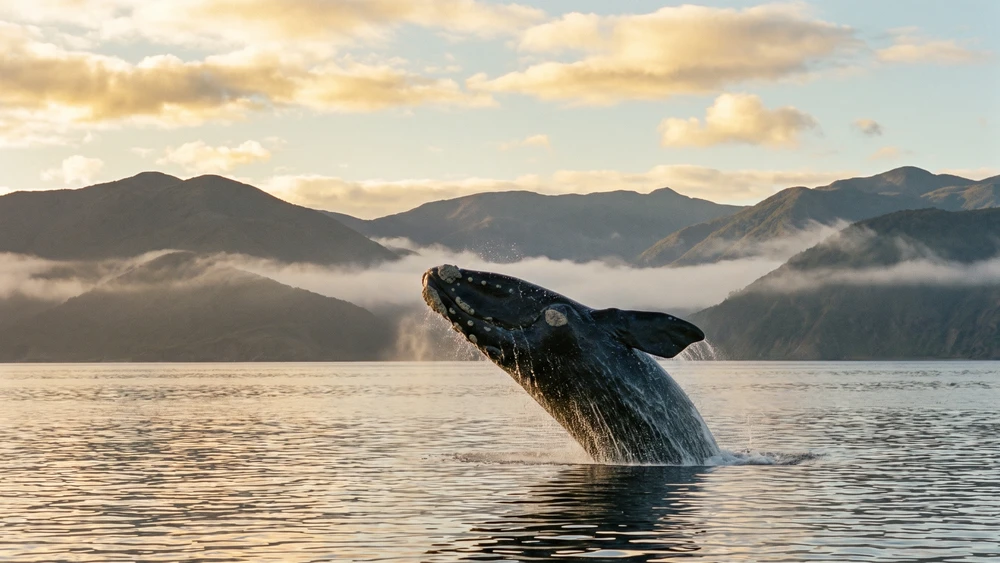 Southern Right Whale breaching in Walker Bay near Hermanus during whale watching season