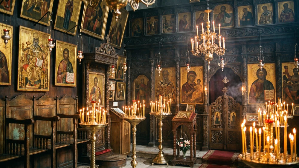 Gold-leaf icons and candlelight inside the Church of St. George at the Ecumenical Patriarchate