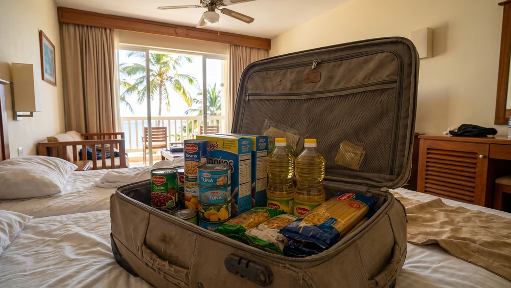 Suitcase packed with non-perishable food staples for self-catering