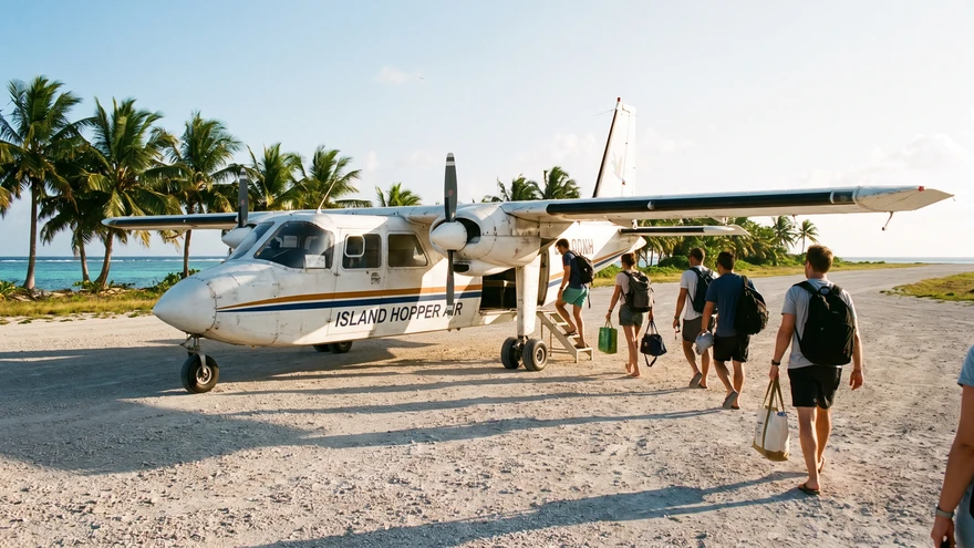 Small twin-propeller hopper plane on a short Caribbean island airstrip