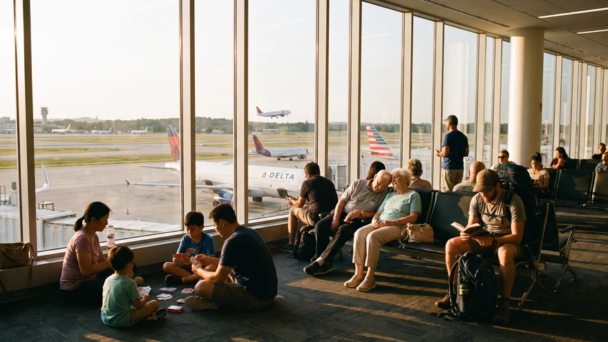 Airport departure lounge with passengers waiting for a flight to the Caribbean
