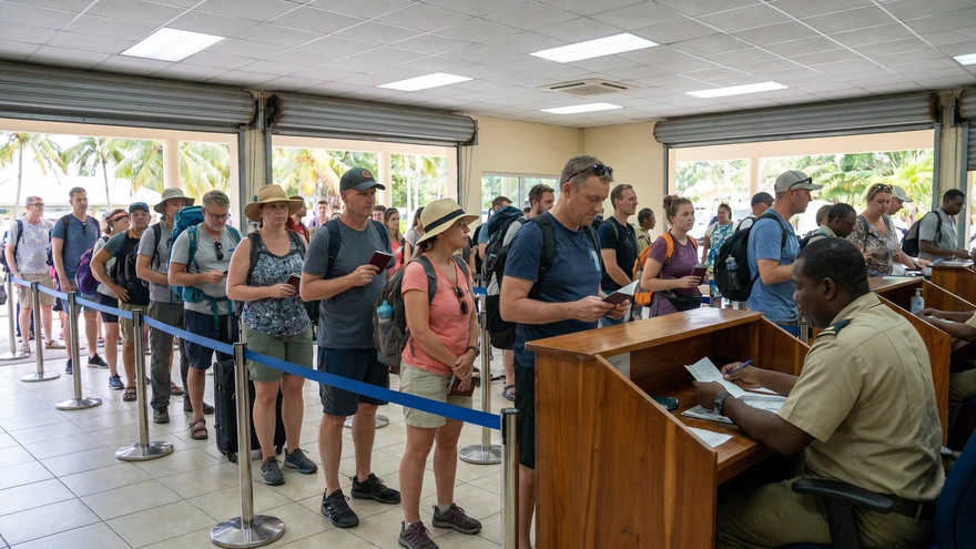 Travelers waiting in the immigration queue at a small Caribbean airport terminal