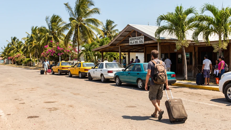 Traveler walking toward taxis outside Argyle International Airport terminal