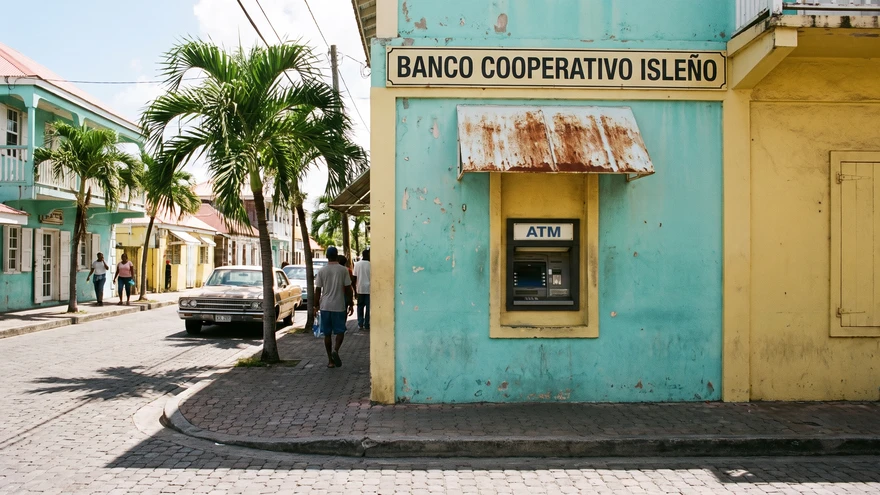 Small local bank storefront with an ATM machine on a quiet St. Vincent street