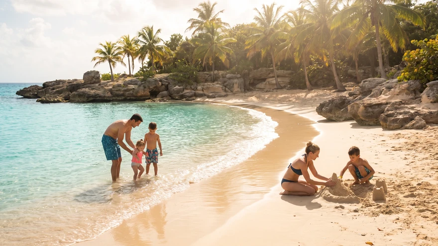 Family swimming at a calm shallow beach cove in Bequia