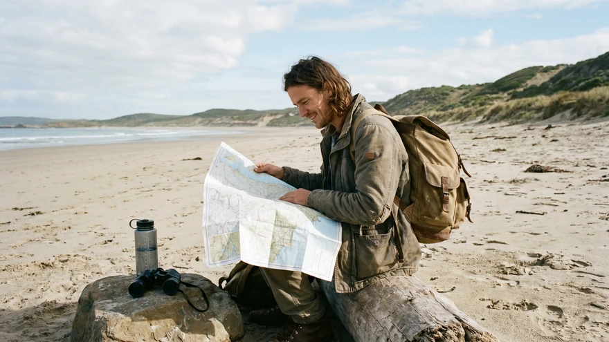 Budget traveler planning a multi-island itinerary on a quiet Grenadines beach