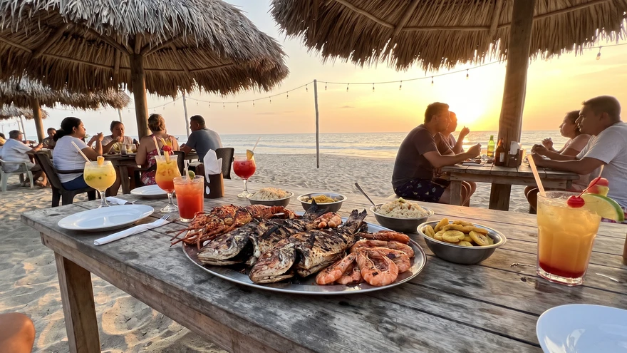 Fresh seafood dinner served at a beachside restaurant in the Grenadines