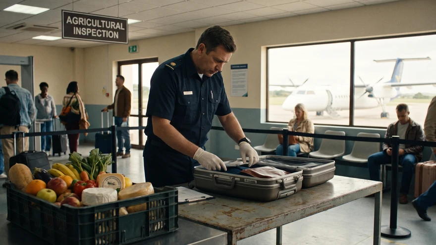 Customs officer inspecting luggage for undeclared agricultural items at a small airport