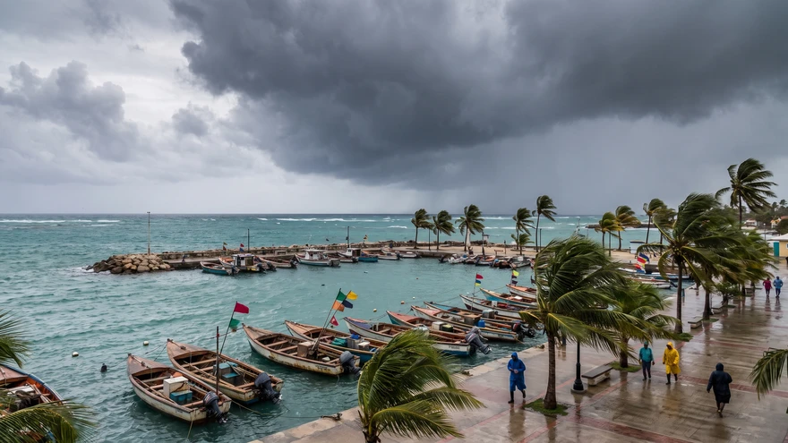 Storm clouds building over a Caribbean harbor during the June to November hurricane season
