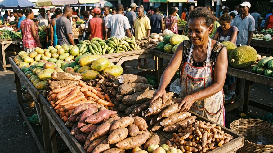 Busy outdoor market stall piled with fresh root vegetables at the Kingstown Market